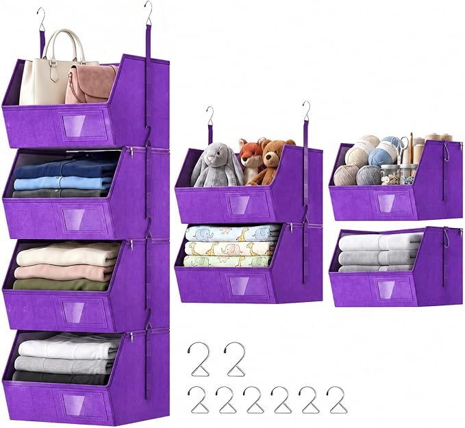 4-Tier Hanging Closet Organizer, Detachable Hanging Storage Shelves with Reinforced Side Panels, Hanging Closet Organizer for Clothes, Sweaters, Towels, Socks & Accessories, Purple