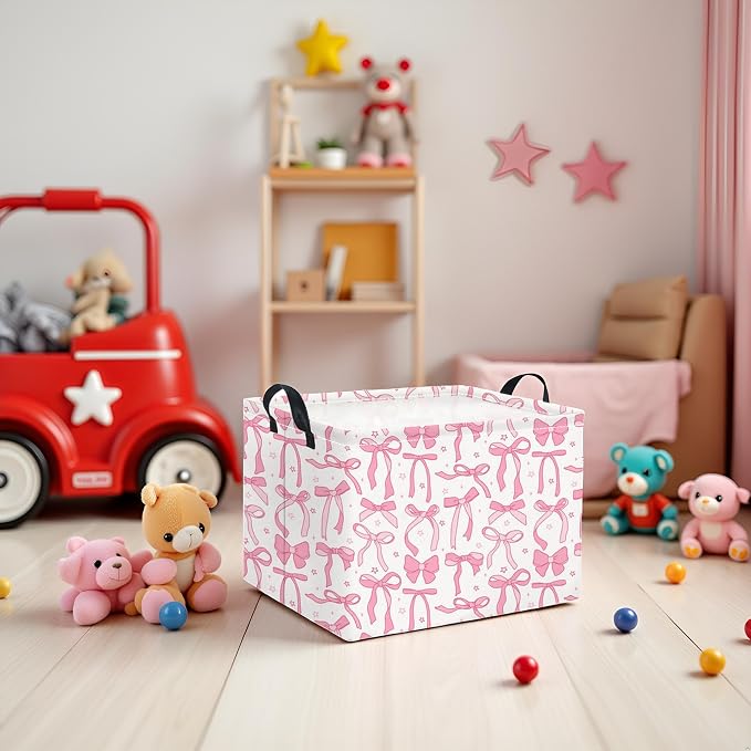 Rectangular Kids Storage Basket for Home Kitchen Girls Cute Storage Bin Organizer Shelf Book Room Decor(Pink Bowknot)