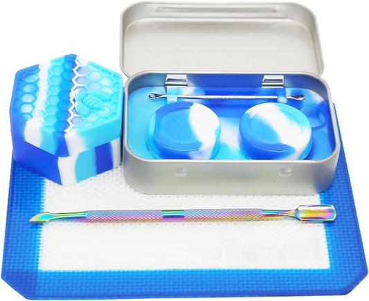 Silicone Wax Carving 5ml 26ml Hexagon Container Kit (Blue White) | with 5.2" Rainbow Tool and 5.9"×4.9" Mat