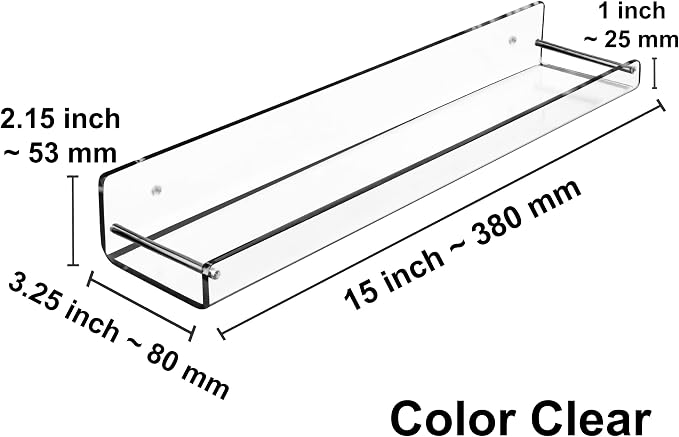 AMT 2 Pack Acrylic Bathroom Shelves 15 Inch Clear Floating Wall Mounted Storage Bookshelf, Invisible Display for Office, Bedroom, Small Gap for Water to Escape, Free Screws & Drill Bit (Medium)