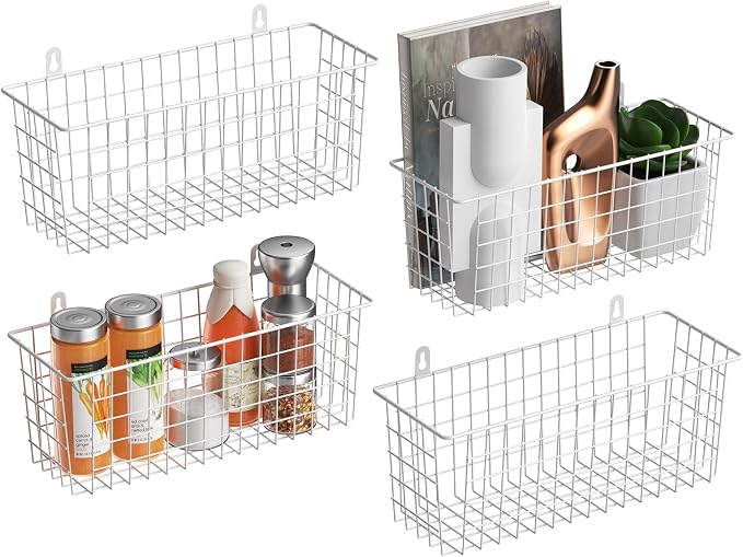 MaraFansie Wire Basket 4-Pack [Extra Large] Hanging Wall Organizer Cabinet Storage Basket Wall Mounted Shelves Rustic Farmhouse Decor for Home Kitchen Bathroom, White