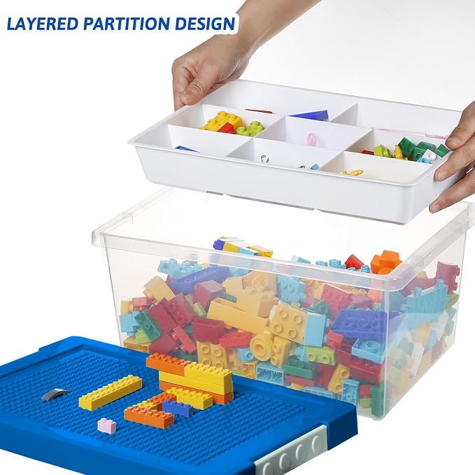 Plastic Storage Bins with Lids - 1 Set Stackable Arts Crafts Organizer Box with Removable Divided Tray &Compatible Building Baseplate,Toy Chest Containers for Bricks -Blue(14.37"x9.64"x6.69")