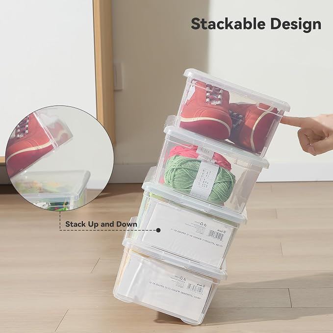 novelinks 12 Pack 6 Quart Stackable Shoe Storage Bins with Lids (Clear) | Clear Shoe Storage Boxes, Shoe Bins, Shoe Containers, Shoe Boxes Clear Plastic Stackable, Craft Organizers and Storage