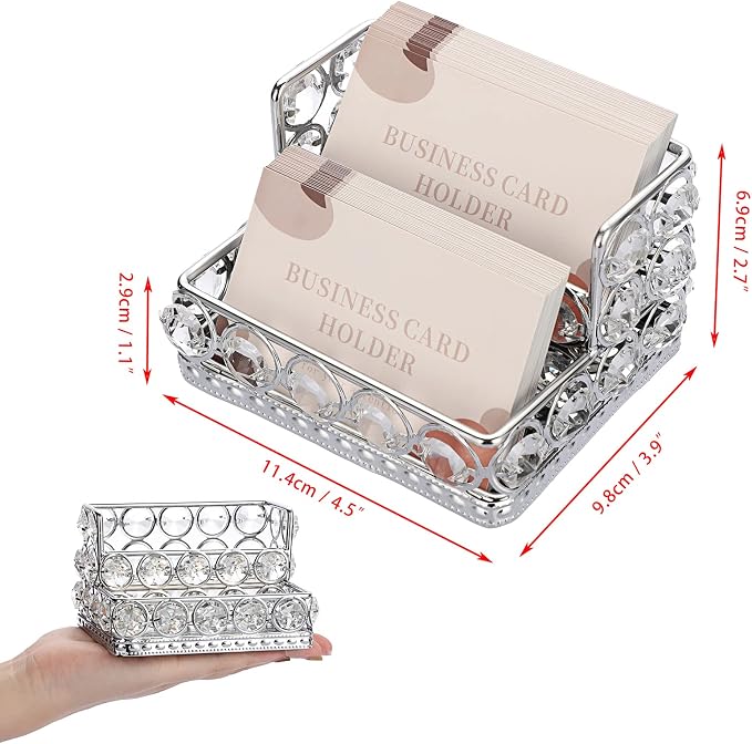 Hipiwe Crystal Business Card Display Holder for Desk with 2-Slot Organizer | Mirrored Base Business Name Cards Storage Holder for Office Countertop, Silver