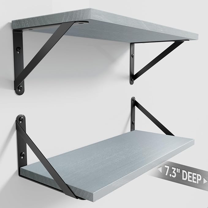 COCOYA Wall Shelves 7.3" Deep Solid Paulownia Wood (Grey, Set of 2) | 15mm Thick, Wider & Longer & Stronger, Easy to Install, Floating Shelf for Room Wall, Bedroom, Office, Decor & Storage