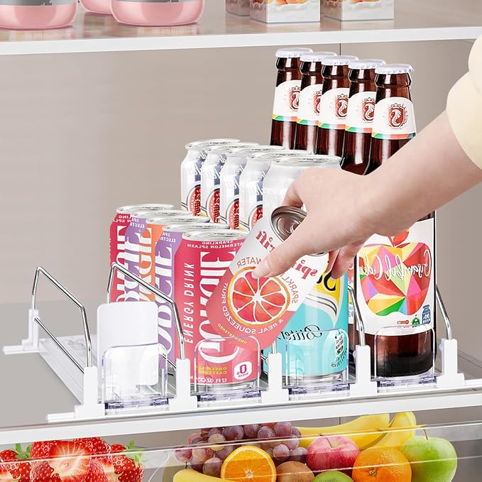 Drink Organizer for Fridge, Automatic Pusher Drink Dispenser for Refrigerator, Adjustable Width Soda Can Organizer for Beer Beverage Bottle Holds up to 20 Cans 4Row (Depth15.3 x Wide13.4)