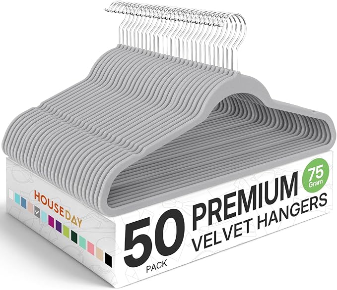 HOUSE DAY Premium Velvet Hangers 50 Pack Grey, Non-Slip Flocked Felt Hangers, Sturdy Clothes Hanger with 360° Rotatable Hook, Heavy Duty Durable Slim Coat Hanger for Closet Space Saving