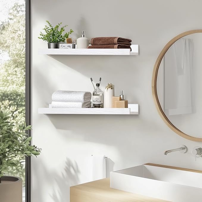 Muzilife 16" Floating Wall Ledge Shelves with Lip - Set of 2 Wood Floating Shelves - White Wall Mounted Picture Ledge for Office, Bathroom, Bedroom, Living Room, Kitchen