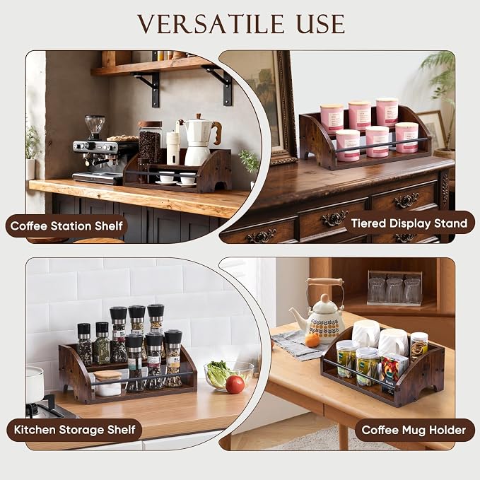 Wooden Liquor Bottle Display Shelf, 2 Tier Countertop Liquor Wine Rack, Coffee Syrup Rack Organizer, Mini Bar Home Retro Bar Shelves Stand for Bourbon Whiskey, Spirits, Alcohol Storage