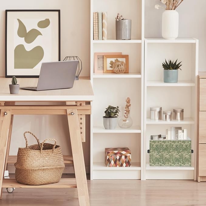 William Morris Inspired Floral Storage Bin Box with Handles, Vintage Green and White Tulip Flower Foldable Organizer Basket Toybox for Home Bedroom Bathroom Clothes Toys Books