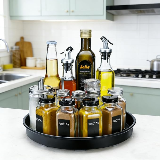 Amolliar Black Lazy Susan Turntable Organizer, 12" 2 Pack, Non-Skid Metal Spice Rack Organization for Cabinet, Kitchen, Fridge, Countertop, Makeup, Pantry Organizer and Storage, Under Sink Organizer