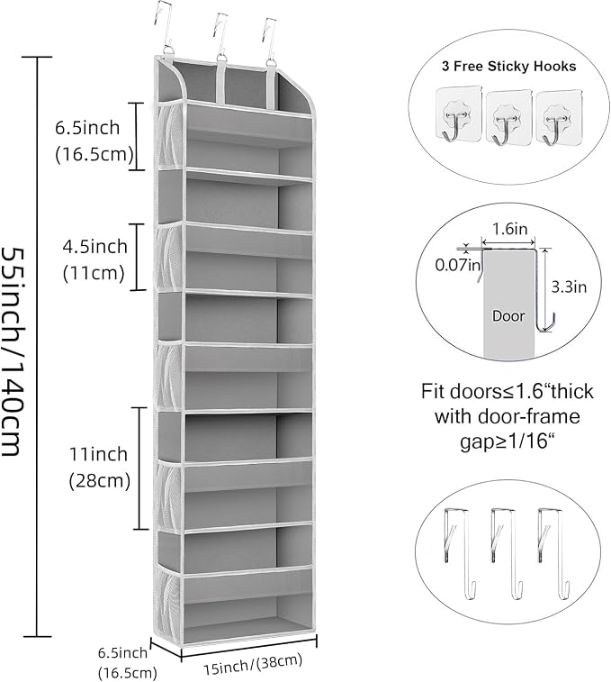 TAHAVICE 2 Pack Over the Door Storage Organizer, 5 Large & 10 Mesh Pockets | Hanging Storage Organizer with 40lb Capacity and Door Storage Space Saving for Bedroom,Bathroom,Nursery,Babyroom(Light Gray)