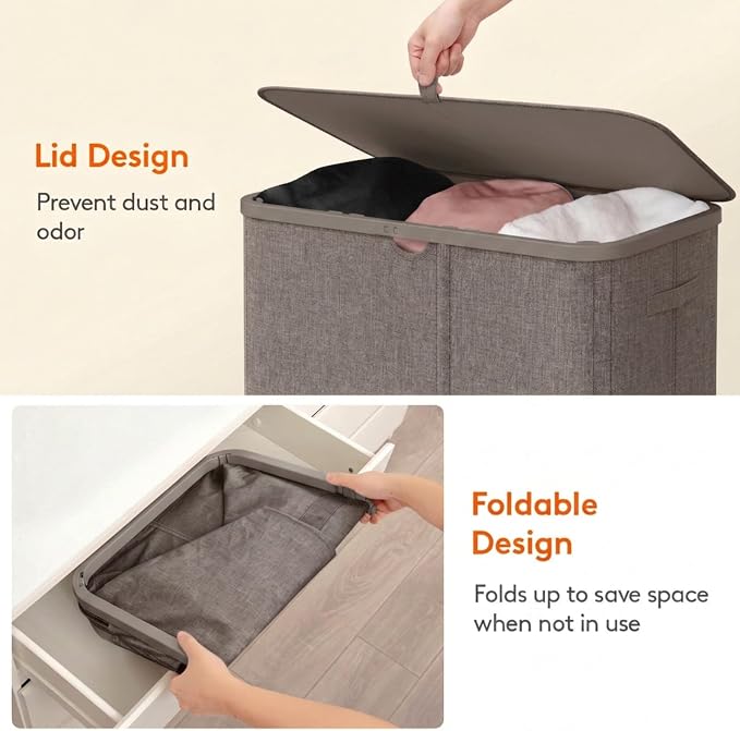 Lifewit 185L 3 Section Laundry Hamper with Lid, Large Laundry Basket with Handles and Removable Bags, Tall Clothes Hamper, Foldable Laundry Sorter for Bedroom Bathroom, Brown