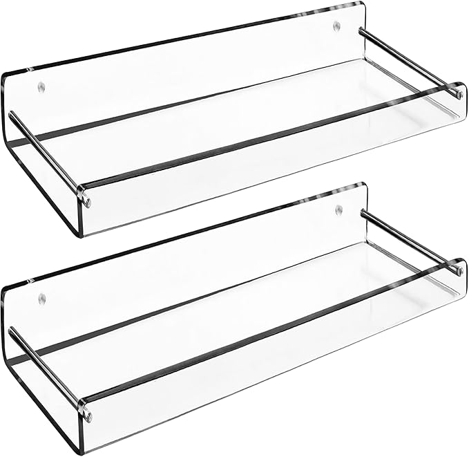 AMT 2 Pack Acrylic Floating Shelves, 15" L x 4.8" W, Clear Bathroom Wall Shelf, Bookshelves, Invisible Display for Office, Bedroom, Small Gap Allows Water to Escape, Free Screws & Drill Bit (Medium)