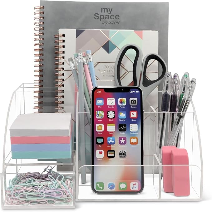 My Space Organizers Clear Acrylic Desk Oganizer, 9 Compartments, Office Supplies and Desk Accessories Organizer, Home Decor Desktop Organizer (Clear)