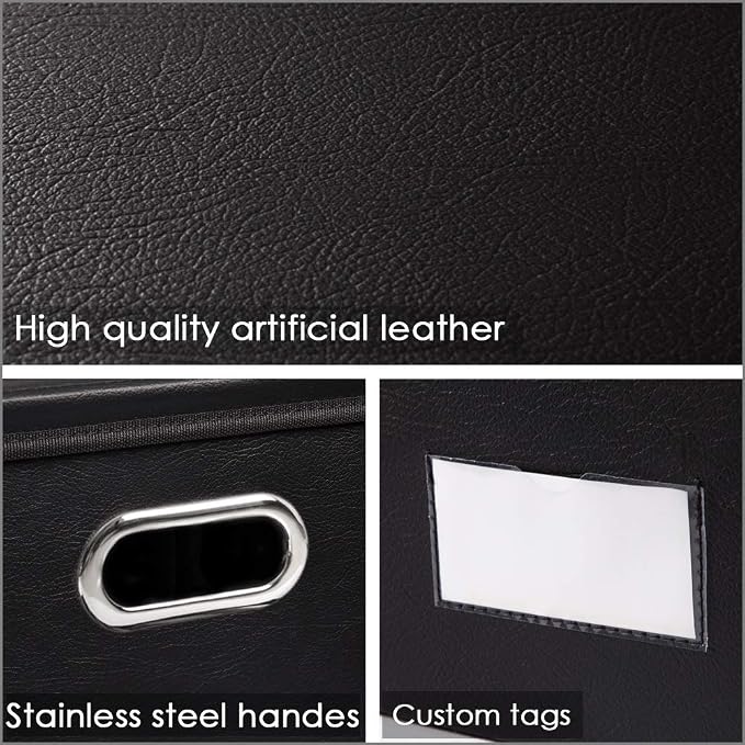 PRANDOM Foldable Storage Bins with Lids [5-Pack] Leather Fabric Collapsible Storage Boxes Organizer Containers Baskets Cube with Cover for Bedroom Closet Office Nursery Black (14.9x10.8x10)