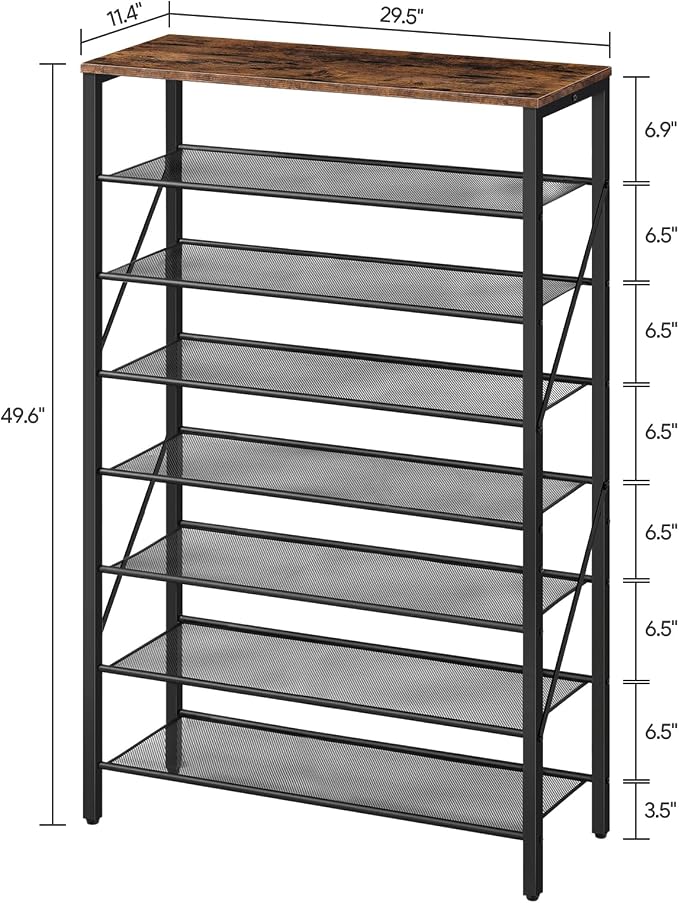 MAHANCRIS 8 Tier Shoe Rack Organizer for Closet, Holds 28-32 Pairs, Tall Metal Shoe Storage Shelf for Entryway Bedroom, Sturdy Freestanding Shoe Rack Space Saving, Large Capacity, Rustic Brown