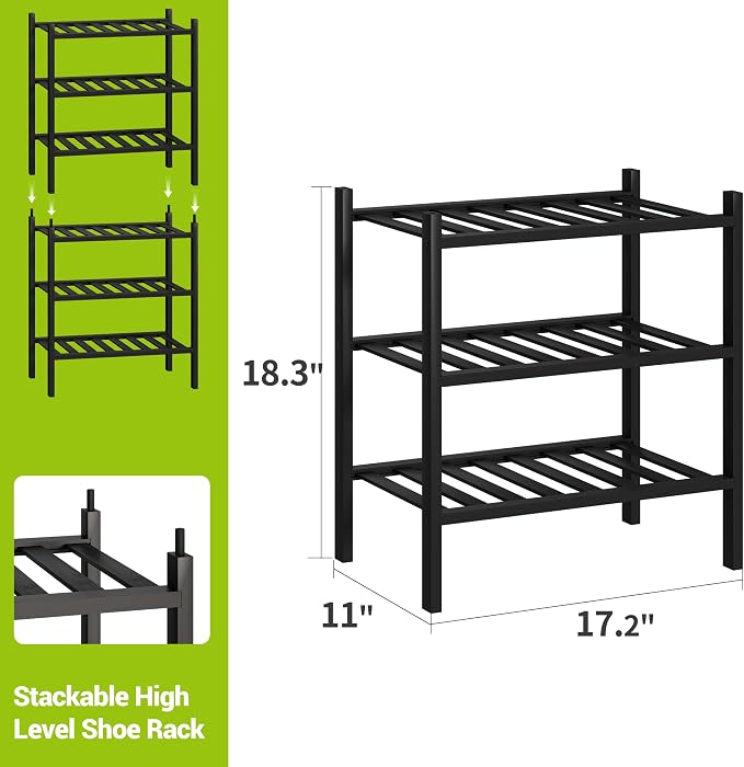 BMOSU 3-Tier Bamboo Small Shoe Rack Premium Stackable Shoe Shelf Storage Organizer for Hallway Closet Living Room Entryway Organizer (Black Bamboo)