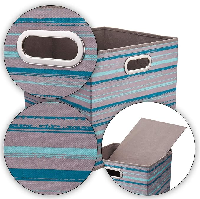 Cloth Storage Bins Set of 4 Thick Fabric Drawers Foldable Cubes Basket Organizer Container with Dual Metal Handles for Shelf Cabinet Bookcase Boxes Gray-Blue Stripes 13x13x13 inch
