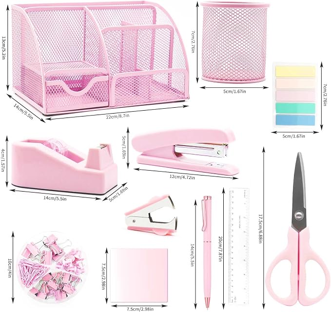Pink Desk Organizers and Accessories,12Pcs Pink School Supplies for Girl | Office Supplies for Women Coworkers Students, Include Stapler, Pen Holder, Tape Holder, Scissors, Ruler, Staple Remover