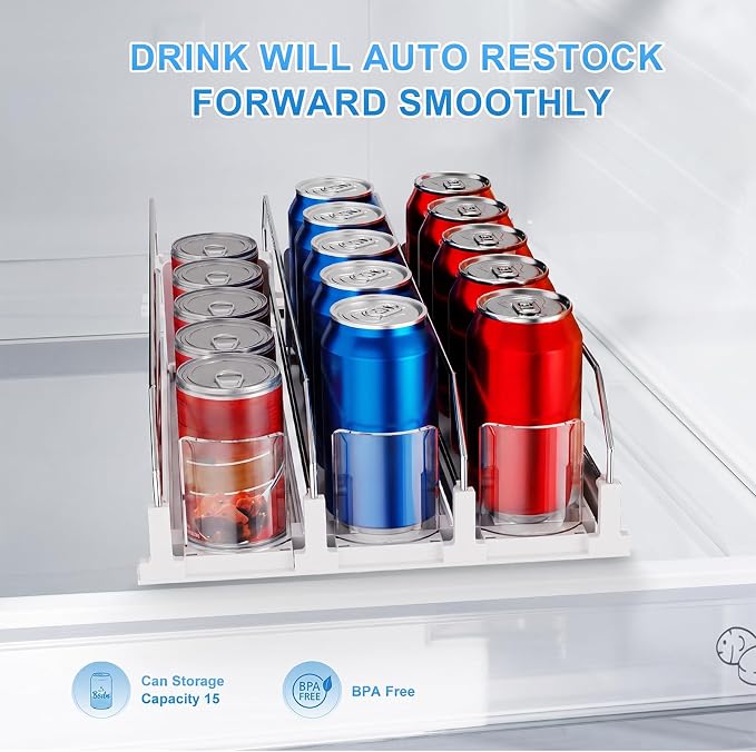 Dayacoco Drink Organizer,Soda Drink Dispenser For Fridge,Fridge Can Drink Organizer,12oz 16oz 20oz-Soda Automatic Dispenser For Fridge And Adjustable Width-Holds Up To 15 Cans,3 Rows