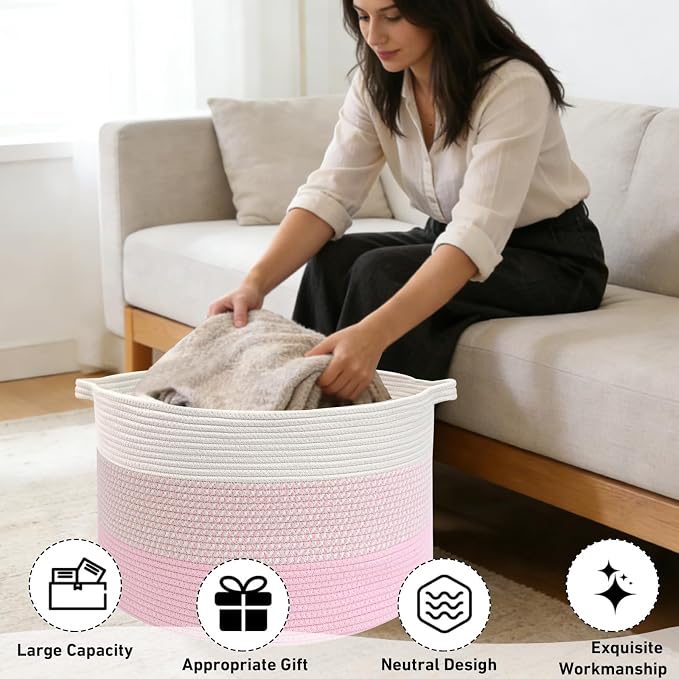 115L Extra Large Blanket Basket,Woven Rope Laundry Basket Hamper with Handles, Decorative Nursery Basket Storage Bin for Toys, Clothes Organizer, Living Room, Bedroom, Bathroom, Pink