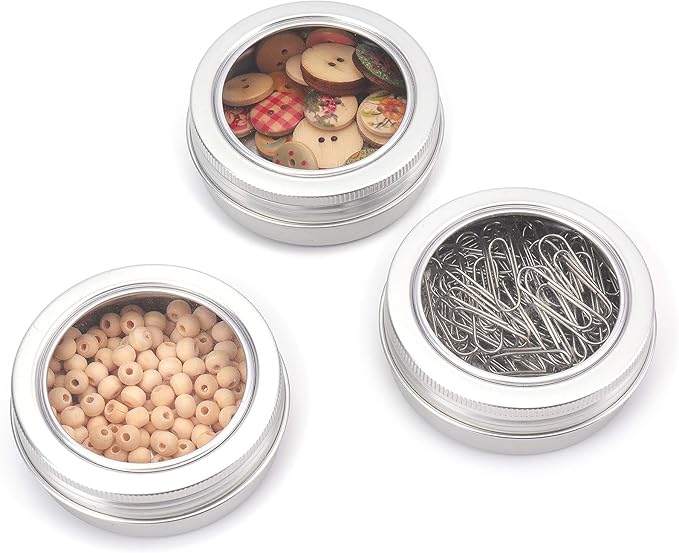 Foraineam 40 Pack 2 Ounce Round Tin Cans Metal Empty Tins Silver Aluminum Kitchen Office Travel Storage Containers with Clear Screw Top Lids