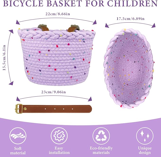 Kids Bike Basket for Girls, Front Bicycle Basket, Easy-Install Adjustable Straps for Balance Bikes Scooters