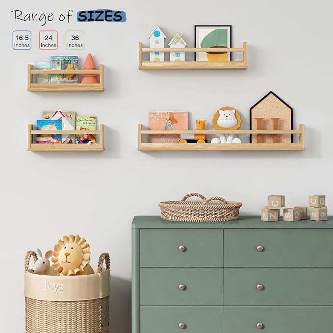 Harwaya Wooden Wall Bookshelf for Kids Room, Large Nursery Floating Shelves for Kids Bedroom, Natural Wood Wall Mounted Bookshelves for Baby Toddler Classroom Library Books (36 Inch Long, 3-Pack)