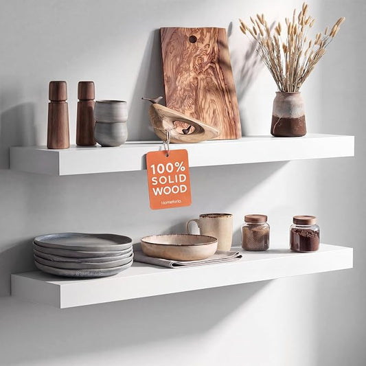 Homeforia White Floating Shelves 30 inch, High End Solid Real Wood 30inch Floating Shelf for Wall Mounted, White Wooden 30in Long Floating Shelves, Heavy Duty Bracket, 30 X 6.5 X 1.75 inches, Set of 2