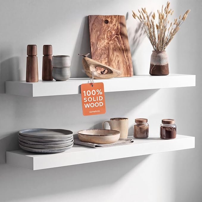 Homeforia White Floating Shelves 30 inch, High End Solid Real Wood 30inch Floating Shelf for Wall Mounted, White Wooden 30in Long Floating Shelves, Heavy Duty Bracket, 30 X 6.5 X 1.75 inches, Set of 3