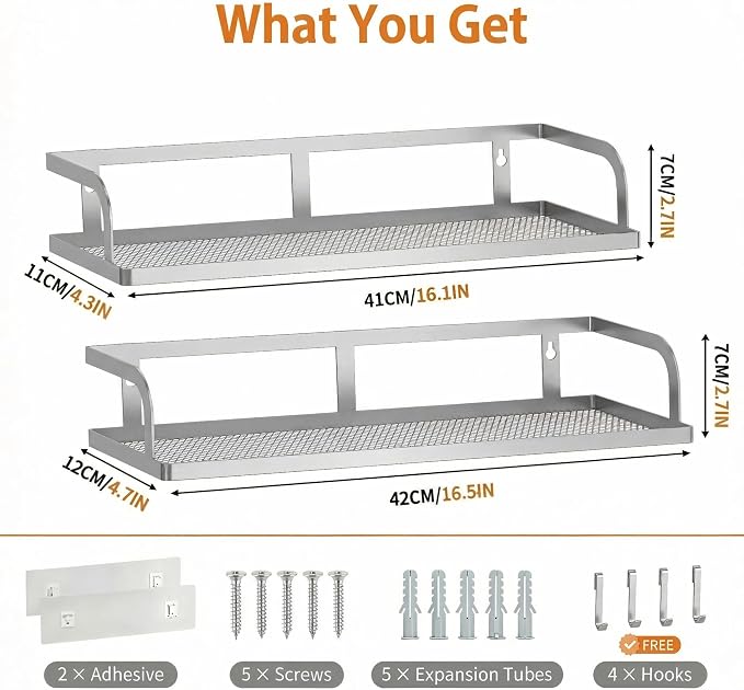 PUSDON 2-Pack 16.5" Extra Long Slim Hollowout Shower Caddy, Wall Mount Spice Rack & Bathroom Organizer, Mesh Bottom Cabinet Door Shelf Holds 50LBS - Silver Gray, Hollowout