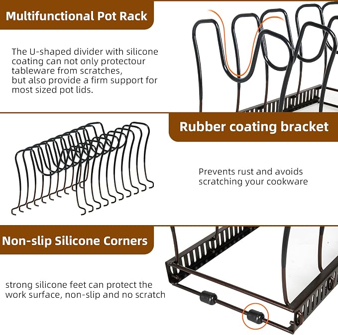 ROOHUA Pot Rack Organizer -Expandable Pot and Pan Organizer for Cabinet,Pot Lid Organizer Holder with 10 Adjustable Compartment for Kitchen Cabinet Cookware Baking Frying Rack Grey