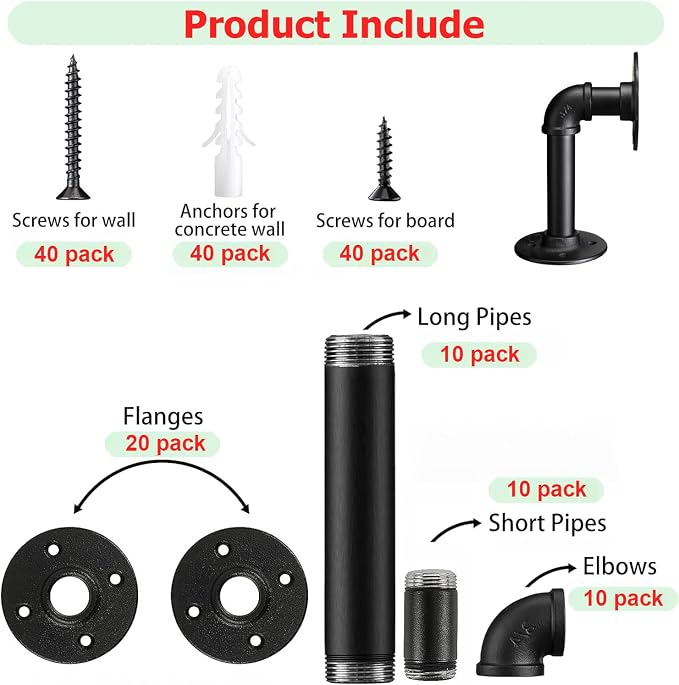 Industrial L Pipe Shelf Brackets for 8-16 in Depth Wood,Heavy-Duty 3/4" Iron,Wall Mount Floating Shelf Bracket L Metal Pipe Shelving Brackets for Wood-Black DIY Pipe Shelves(7.5*3.1 Inch 10 Pack)
