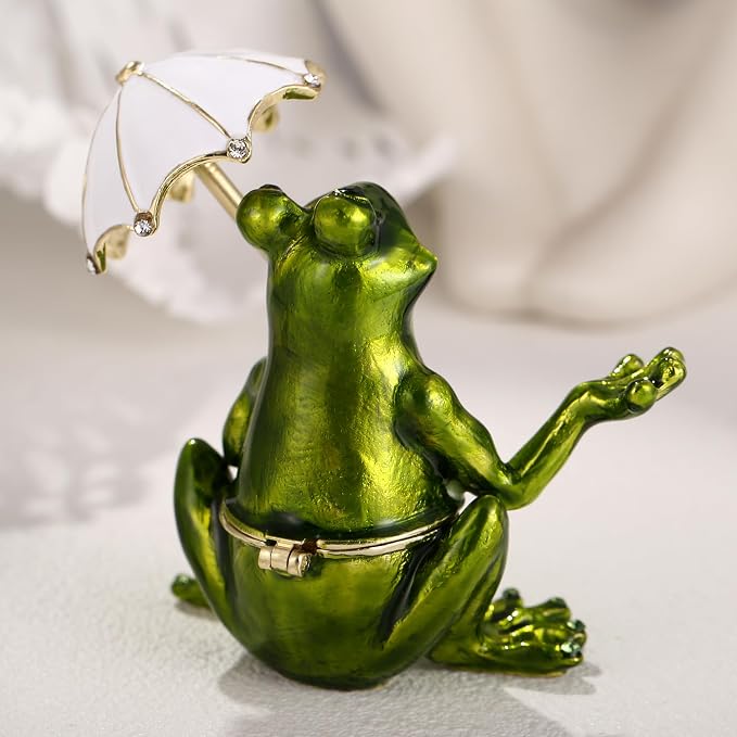 Hand Painted Animal Trinket Box for Home Decor, Hinged Jewelry Organizer Storage, Unique Personalized Collectible Keepsake Figurine Handmade Decorative Ornament Gifts (Umbrella Frog)