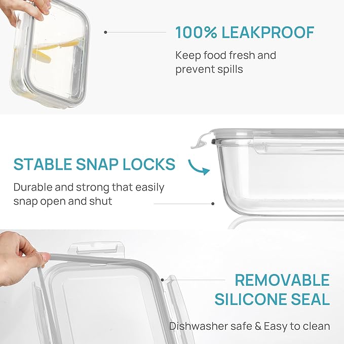 Vtopmart 2Pack 1860ml/63oz Large Glass Storage Containers With Lids, Grey | Meal Prep Food Container Set with Snap Airtight Lid, For Baking, Microwave, Oven, Leak Proof, Freezer, Dishwasher, BPA Free