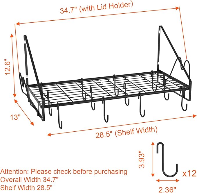 VyGrow 28 Inch Pot Rack Wall Mounted, Pots and Pans Organizer with 12 Hooks and 2 Pot Lid Holders, Heavy Duty Steel Pot and Pan Hanger for Kitchen Cookware Utensils Storage 34.7" Lx13 Wx12.6 H