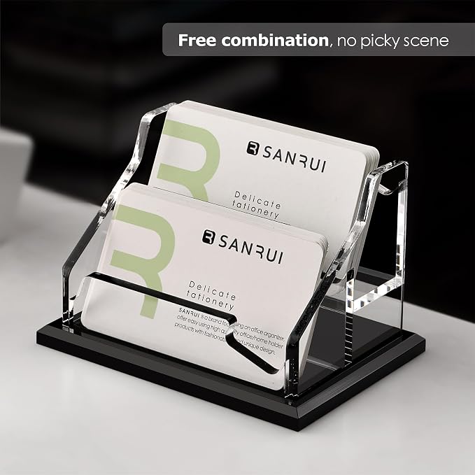 SANRUI Black Business Card Holder for Desk 2 Slot , Clear Acrylic Horizontal Name Card Stand for Women and Men, Desktop Organizer Display for Office Home Exhibition - 120 Card Capacity 1 Pack