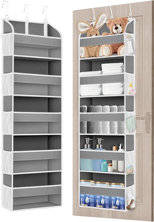 TAHAVICE 1 Pack Over The Door Storage Organizer with 5 Large Pockets | 44 lbs Weight Capacity Door Hanging Organizers with 10 Mesh Pockets for Bedroom,Bathroom,Nursery,Kidroom(Light Gray)