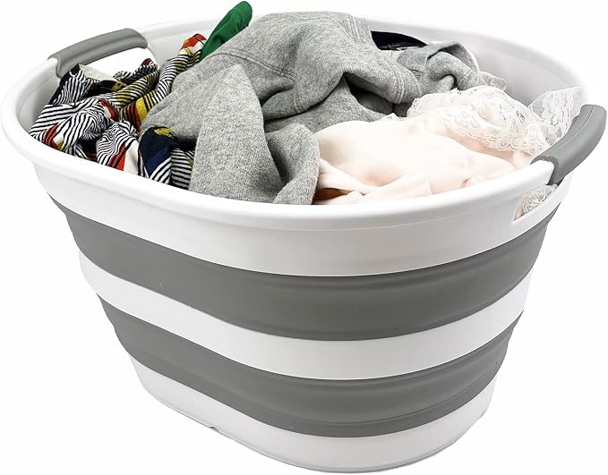 SAMMART Collapsible Plastic Oval Laundry Basket 23L (6 Gallons) -Foldable Storage Container/Organizer - Portable Washing Tub - Space Saving Hamper for Laundry, Camping & Home (White/Grey)