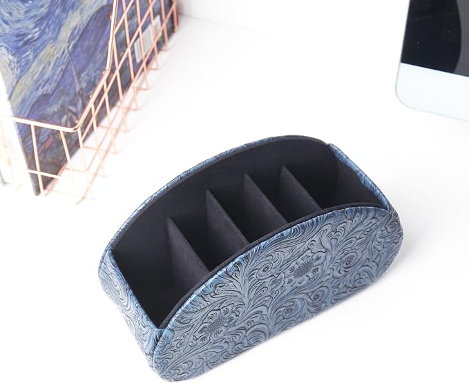 Remote Control Holder, PU Leather Remote Caddy Desktop Organizer with 5 Spacious Compartments for TV Remotes/Media Controllers/Office Supplies (1-Carved3 Blue