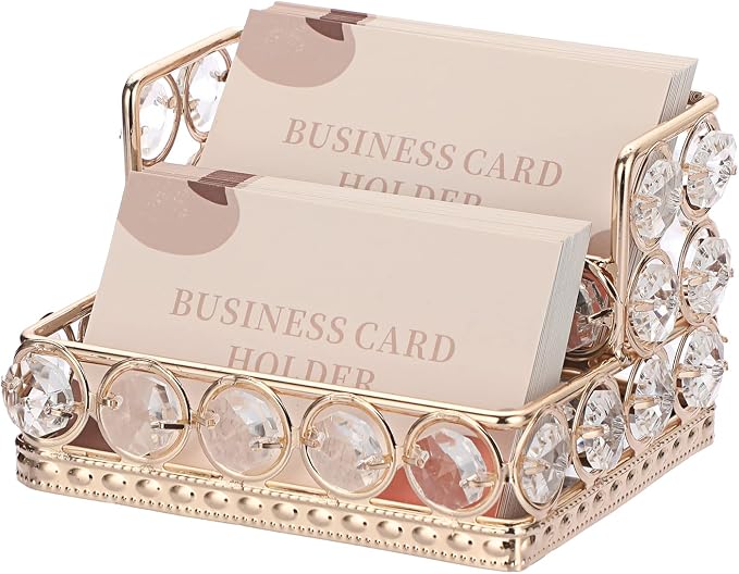 Hipiwe 2 Tiers Crystal Business Card Holder Gold Mirrored Cards Organizer | Business Cards Display Stand Desktop Name Card Storage Holder for Office Countertop