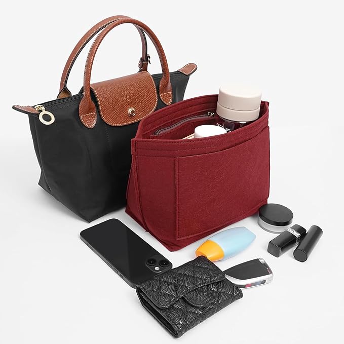 LOUKAYCCI Felt Purse Organizer Insert for Longchamp Le Pliage L Handbag Insert (Vine Red, Large)