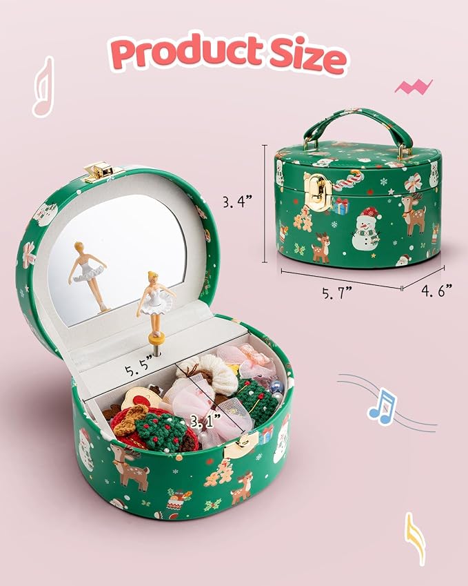 VLANDO 2Pcs Gifts for Girl, Musical Jewelry Box for Girls, Small Kid Music Box with Ballerina for Party Bedroom Decor, Gifts for Girls Kids - Christmas Green