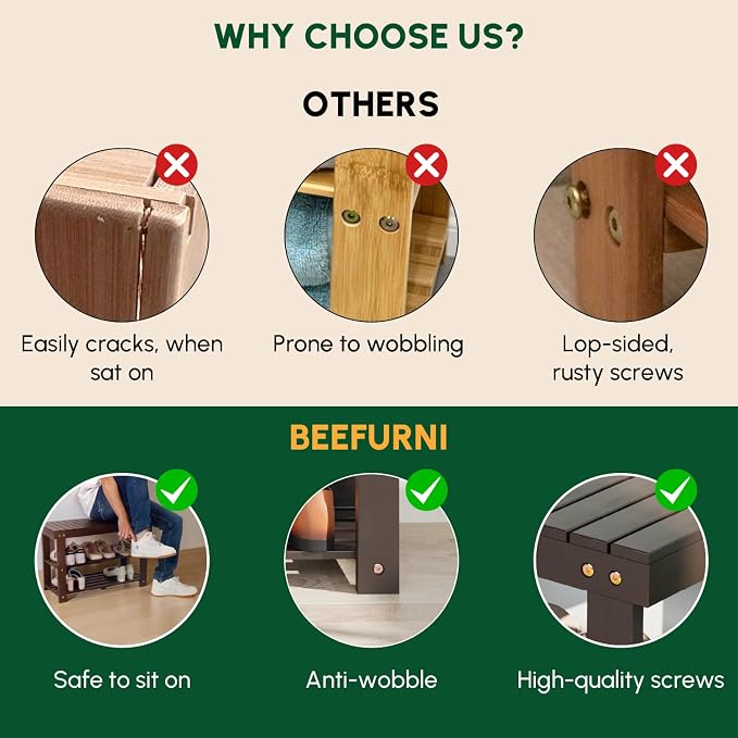 BEEFURNI Wooden Shoe Rack Bench, 3-Tier Wooden Shoe Organizer for Entryway, Aciaca Bench with Shelf, Solid Wood Shoe Storage Bench for Doorway, Hallway, Bathroom, 300 LBS, 1-Year Warranty, Brown