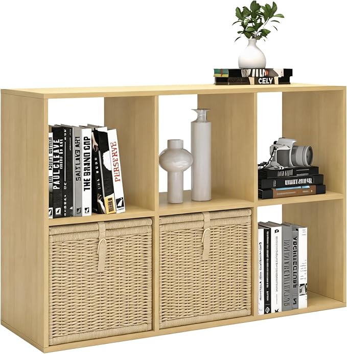 6 Cube Shelf with Anti-Tipping Kits + Reversible Open Back Bookcase, Multi Layer and Multi Grid Partition Layout (Oak 11in)