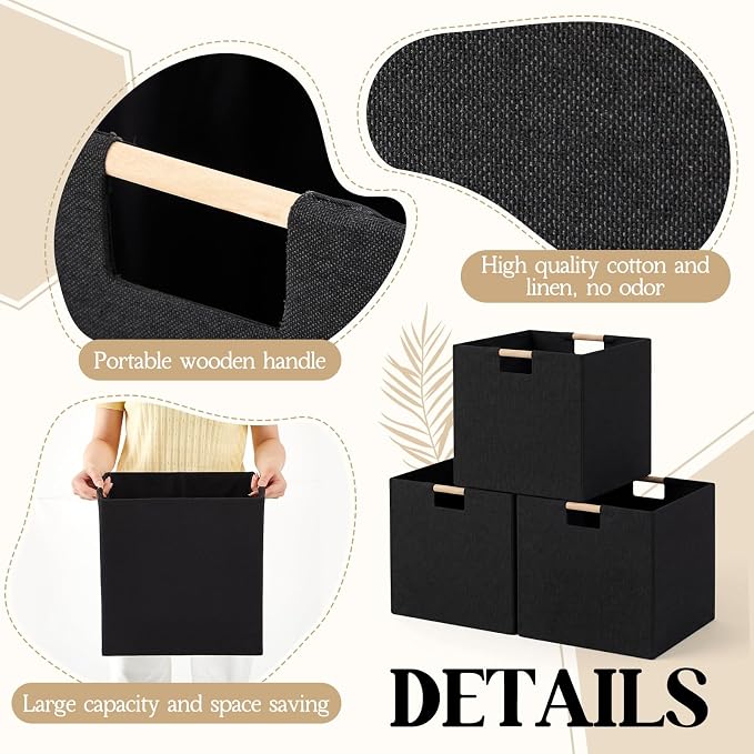 Cinnvoice 3 Pack Fabric Storage Bins for Closet Shelves, 13 x 13 x 13 Inch Black Rectangle Wardrobe Organizer with Handle, Collapsible Shelves Storage Basket for Sorting Clothes and Toy