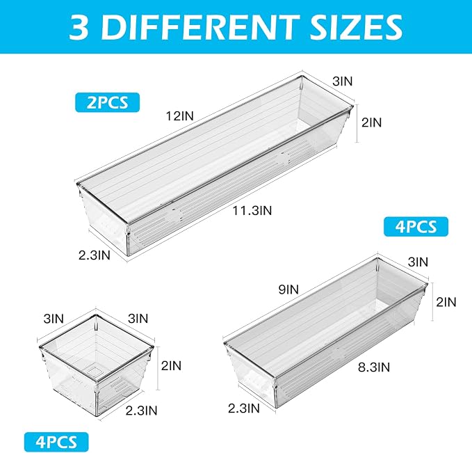 soulmate 10Pcs Clear Drawer Organizer Tray 3-Size Plastic Desk Drawer Organizations Set Bathroom Vanity Drawer Organizer Storage Tray for Makeup, Kitchen Utensils, Jewelries and Gadgets
