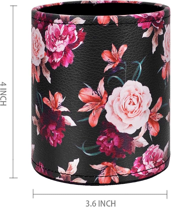 Pen Pencil Holder, WAVEYU Floral Flower Pattern Pen Cup Container PU Leather Desk Organizer Stand Decor Brush Scissor Holder Desk Organizer Decoration for Office Desk Home Decorative, Floral