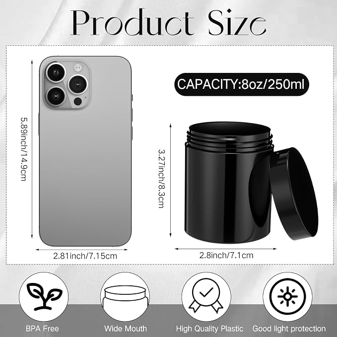 SATINIOR 12 Pack 8 oz Plastic Container Jars with Lids Round Clear Travel Cosmetic Container Slime Jar for Toiletries, Lotion, Cream, Ointment, Makeup, Rhinestone, Sample, Kitchen Storage(Pure Black)